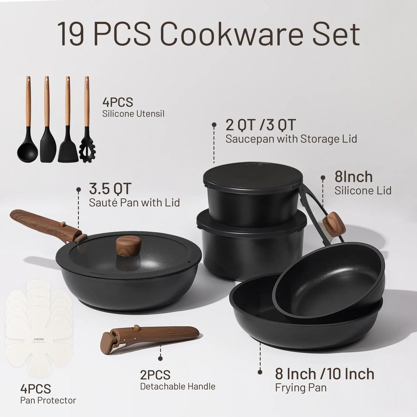 CAROTE 15/17/21pcs Non-Stick Cookware Set with Detachable Handle