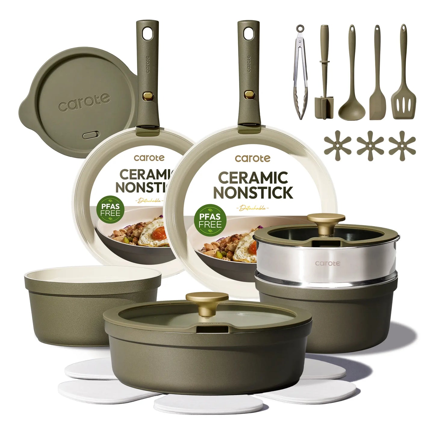 Carote 23pcs Olive Green Ceramic Cookware Set with Detachable Handles