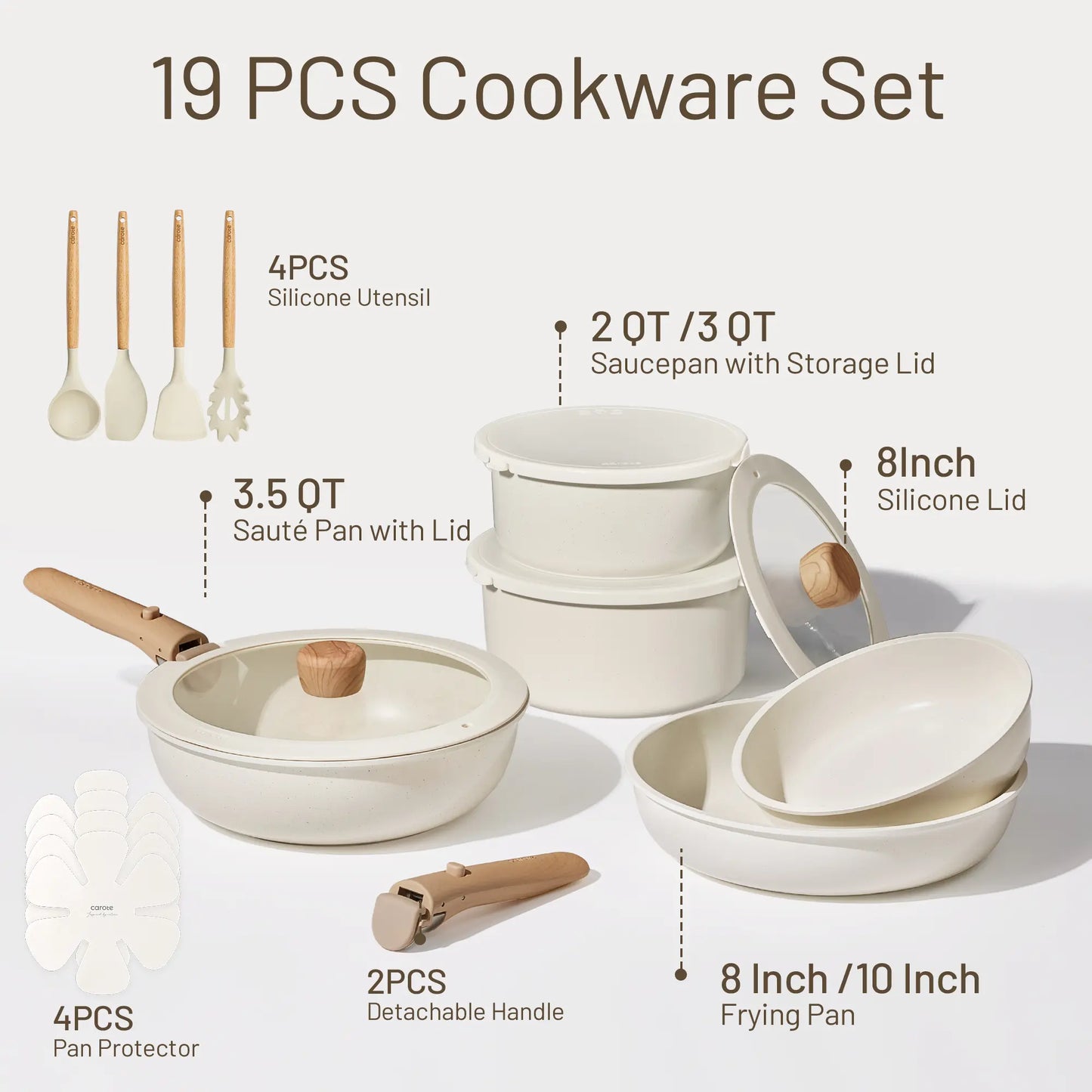 CAROTE 15/17/21pcs Non-Stick Cookware Set with Detachable Handle