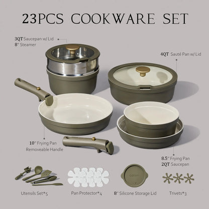 Carote 23pcs Olive Green Ceramic Cookware Set with Detachable Handles