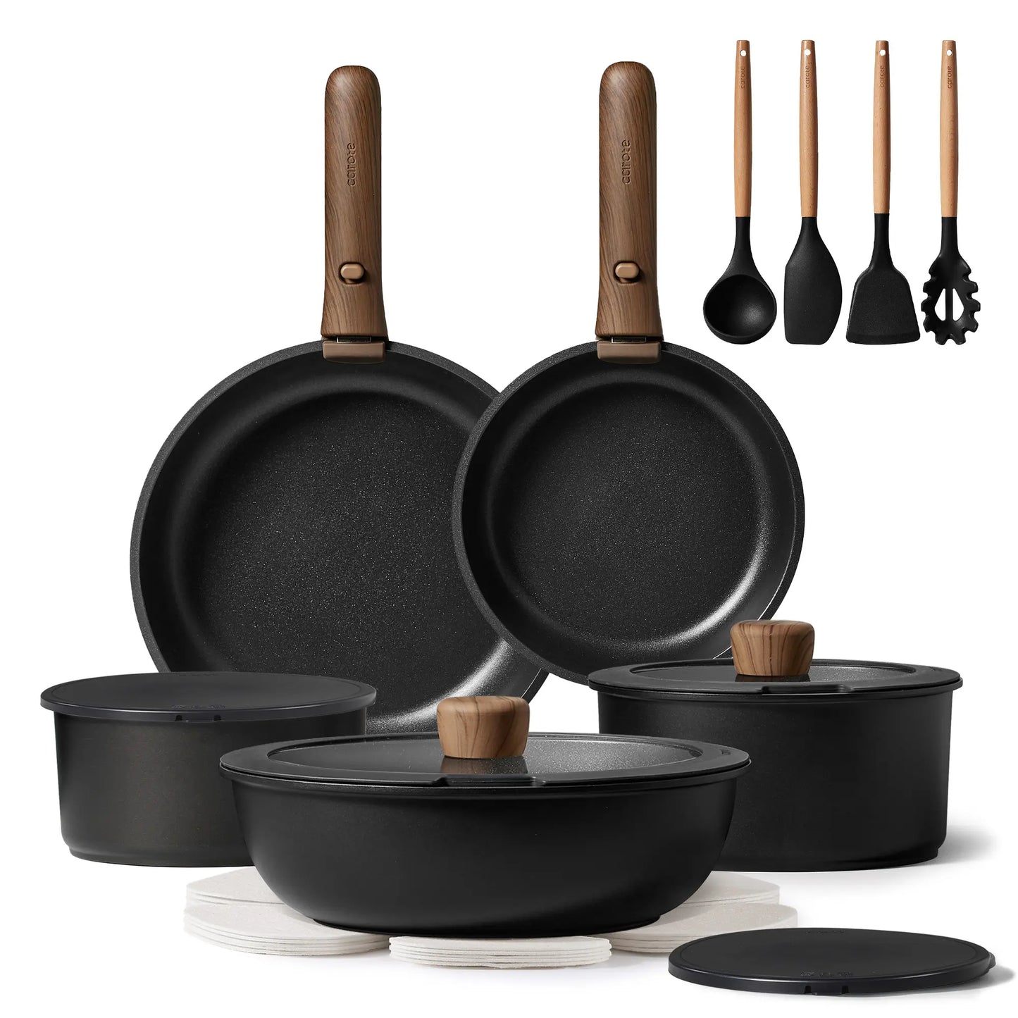 CAROTE 15/17/21pcs Non-Stick Cookware Set with Detachable Handle