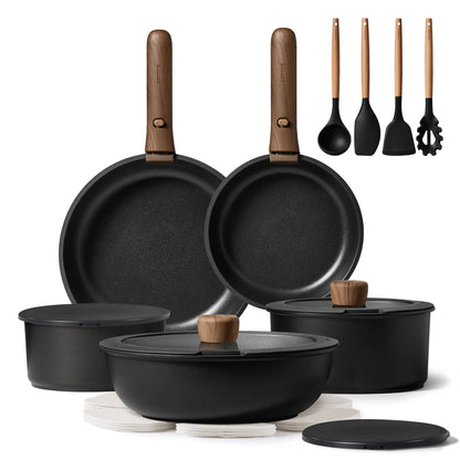 CAROTE 15/17/21pcs Non-Stick Cookware Set with Detachable Handle