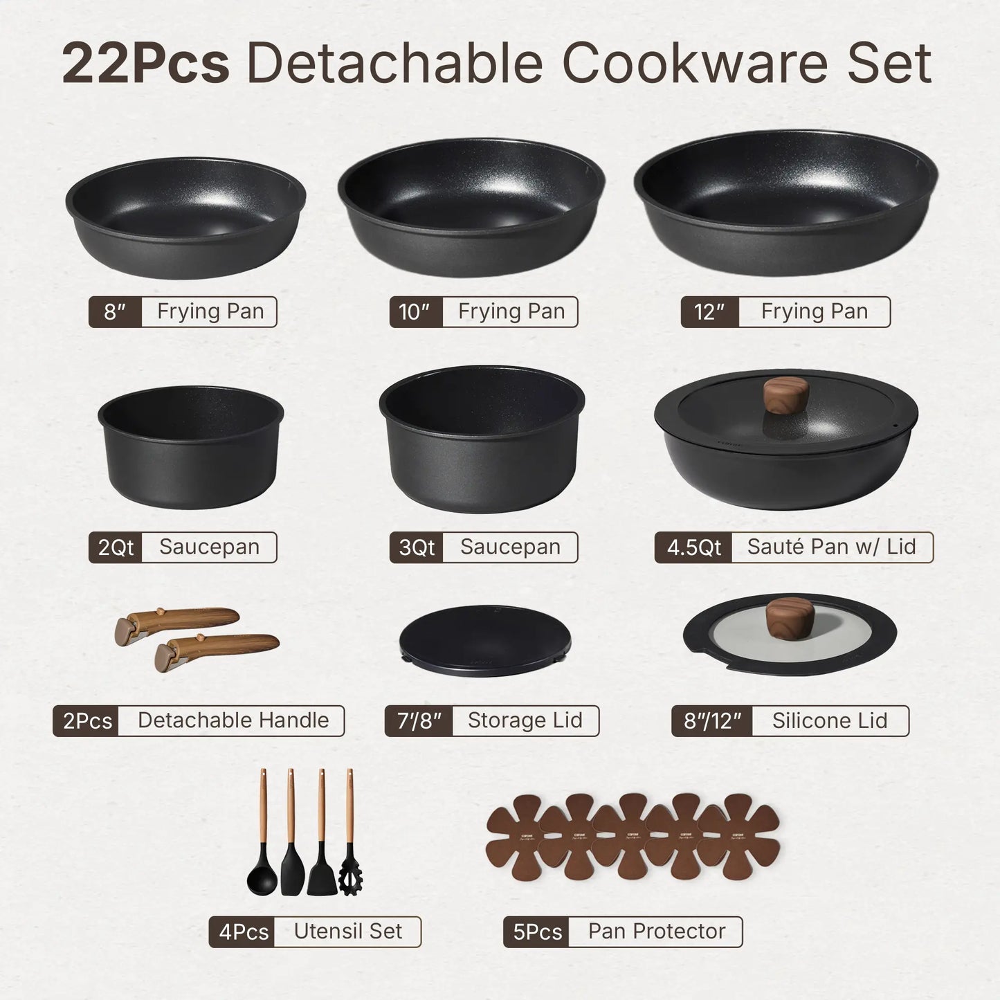 CAROTE 15/17/21pcs Non-Stick Cookware Set with Detachable Handle
