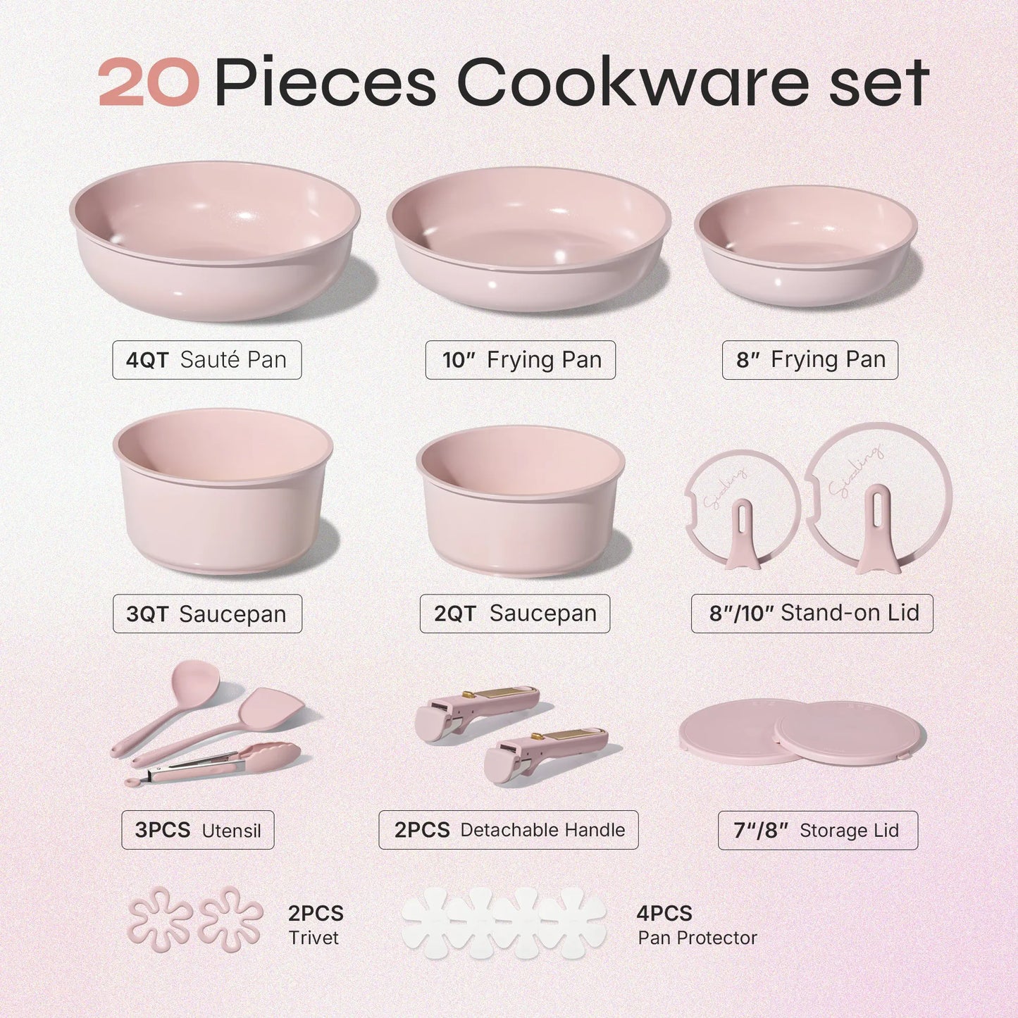 Carote Macaron Color 20-Piece Ceramic Cookware Set with Detachable Handles