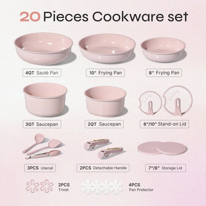 Carote Macaron Color 20-Piece Ceramic Cookware Set with Detachable Handles