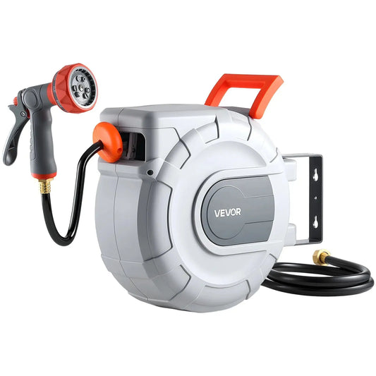 🎉Hot Sale 60% VEVOR Retractable Garden Hose Reel,5/8 Inch x 100 ft Wall MountedHeavy Duty with 9-Pattern NozzleAdjustable Length LockUpgraded Slow Return System & 180° Swivel Bracket, Retractable Water Hose, Durable Garden Hose,campingessentials