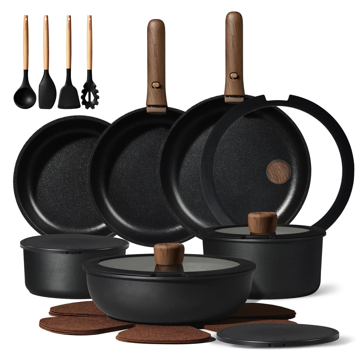 CAROTE 15/17/21pcs Non-Stick Cookware Set with Detachable Handle