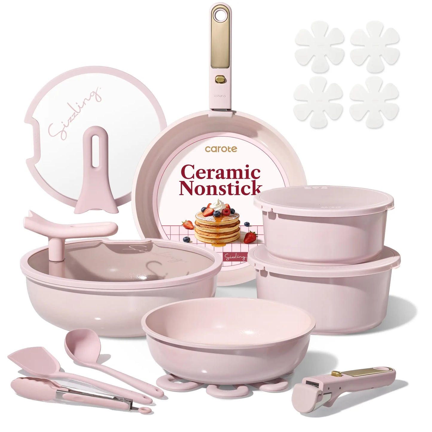 Carote Macaron Color 20-Piece Ceramic Cookware Set with Detachable Handles