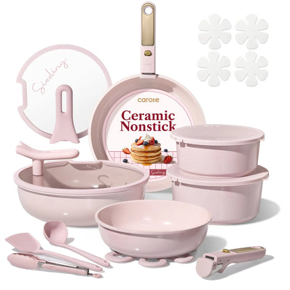 Carote Macaron Color 20-Piece Ceramic Cookware Set with Detachable Handles