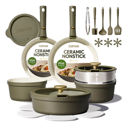 Carote 23pcs Olive Green Ceramic Cookware Set with Detachable Handles